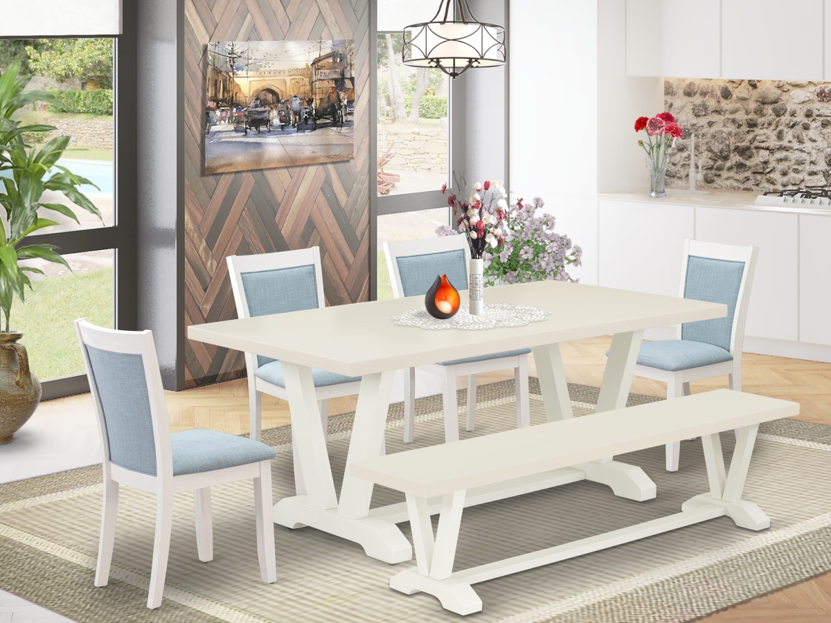 V027MZ015-6 Dining Set, Multi-Color - A Wood Table 4 Baby Blue Parson Chairs & a Bench - 6 Piece