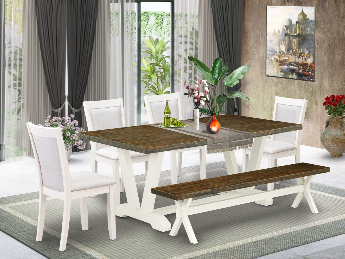 V077MZ001-6 Dining Set Contains A Wood Table, Multi-Color - 4 Cream Dining Chairs & A Wood Bench - 6 Piece