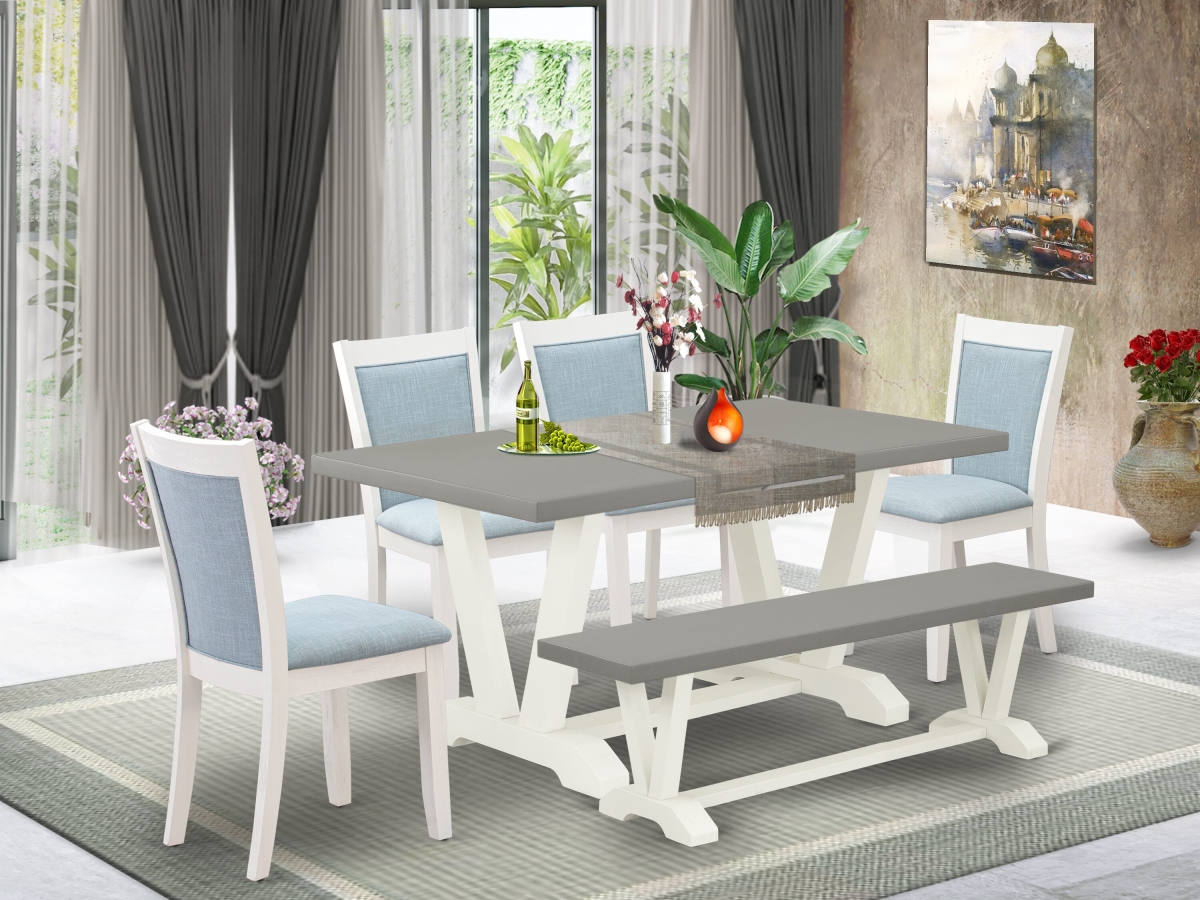 V096MZ015-6 Dining Set, Multi-Color - A Wood Table 4 Baby Blue Dining Chairs & a Small Bench - 6 Piece