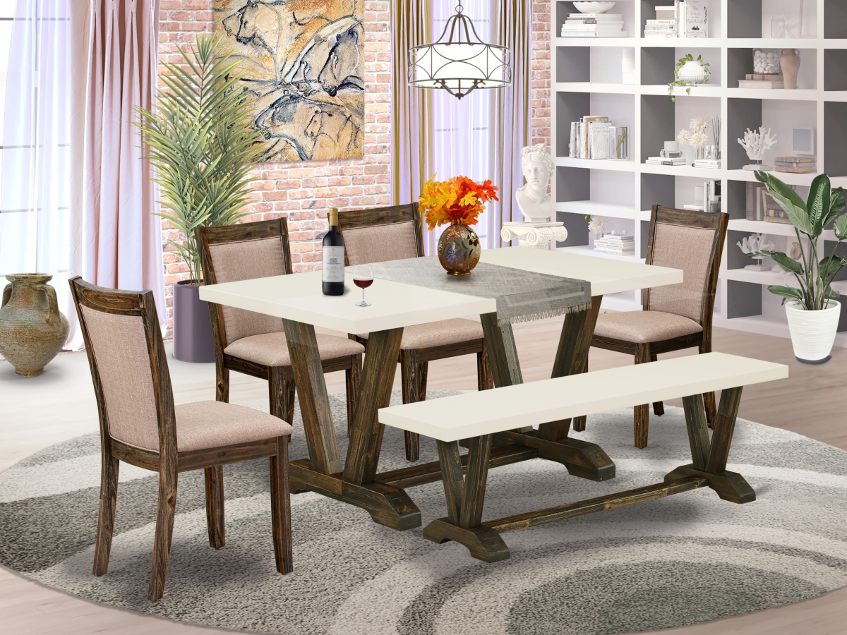 V726MZ716-6 Dining Set, Multi-Color - A Dinning Table In Trestle Base with Wood Bench & 4 Dining Chairs - 6 Piece
