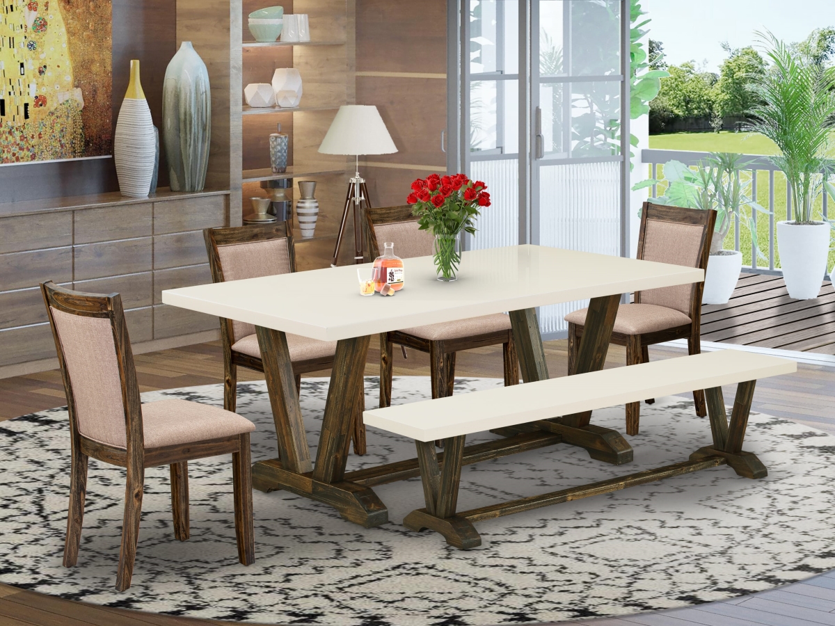 V727MZ716-6 Table Set, Multi-Color - A Kitchen Table In Trestle Base with Wood Bench & 4 Parson Chairs - 6 Piece