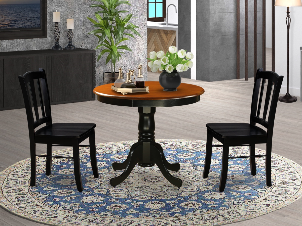 ANDL3-BLK-W Dining Room Set, Black & Cherry - 2 Dining Chair & Modern Round Dining Table - 3 Piece