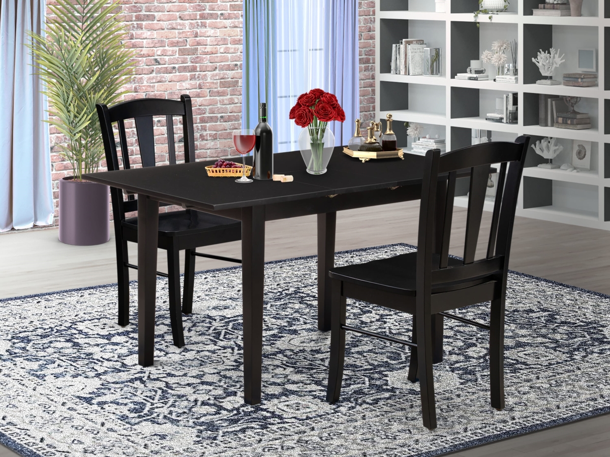 NFDL3-BLK-W Kitchen Dining Room Set, Black - 2 Modern Dining Chairs with Wooden Seat & Slatted Chair Back - 3 Piece