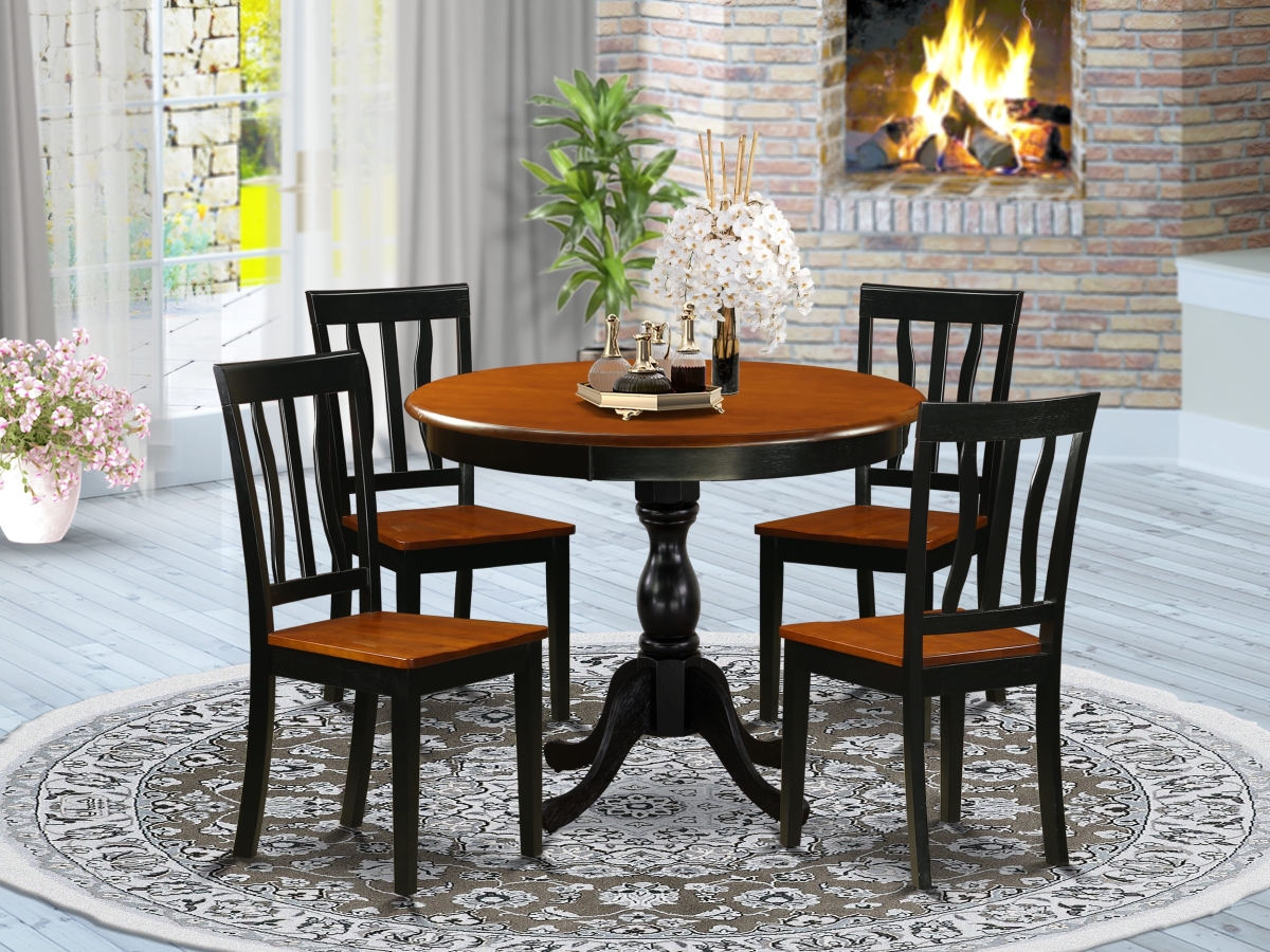 AMAN5-BCH-W Mid Century Dining Set Include A Kitchen Table & 4 Mid Century Dining Chairs with Slatted Back, Black & Cherry - 5 Piece
