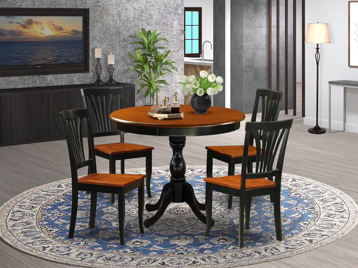 AMAV5-BCH-W Dining Set Include A Dining Table & 4 Mid Century Chairs with Slatted Back, Black & Cherry - 5 Piece