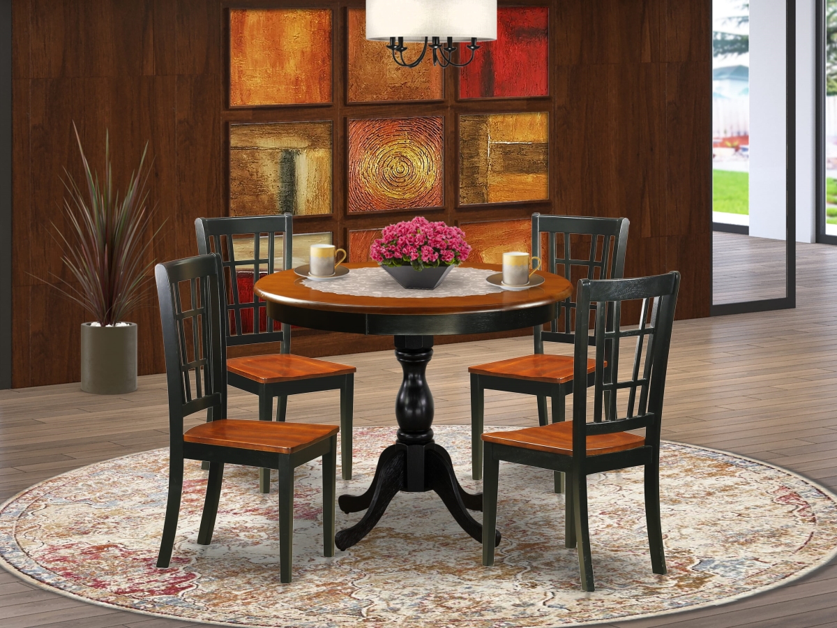 AMNI5-BCH-W Dining Room Set Include A Wood Table & 4 Dining Chairs with Slatted Back, Black & Cherry - 5 Piece