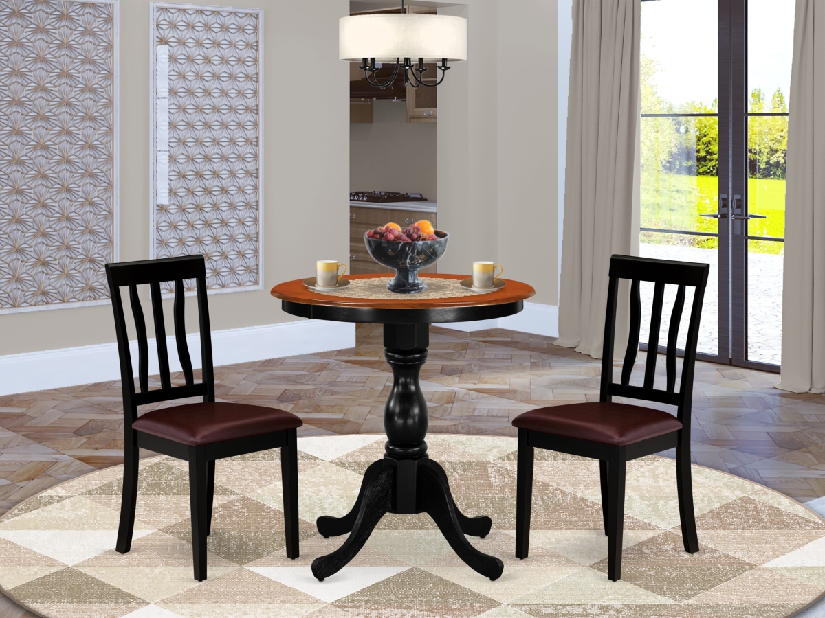 ESAN3-BCH-LC Dining Room Table Set Include A Mid Century Dining Table & 2 Mid Century Dining Chairs with Slatted Back, Black & Cherry - 3 Piece