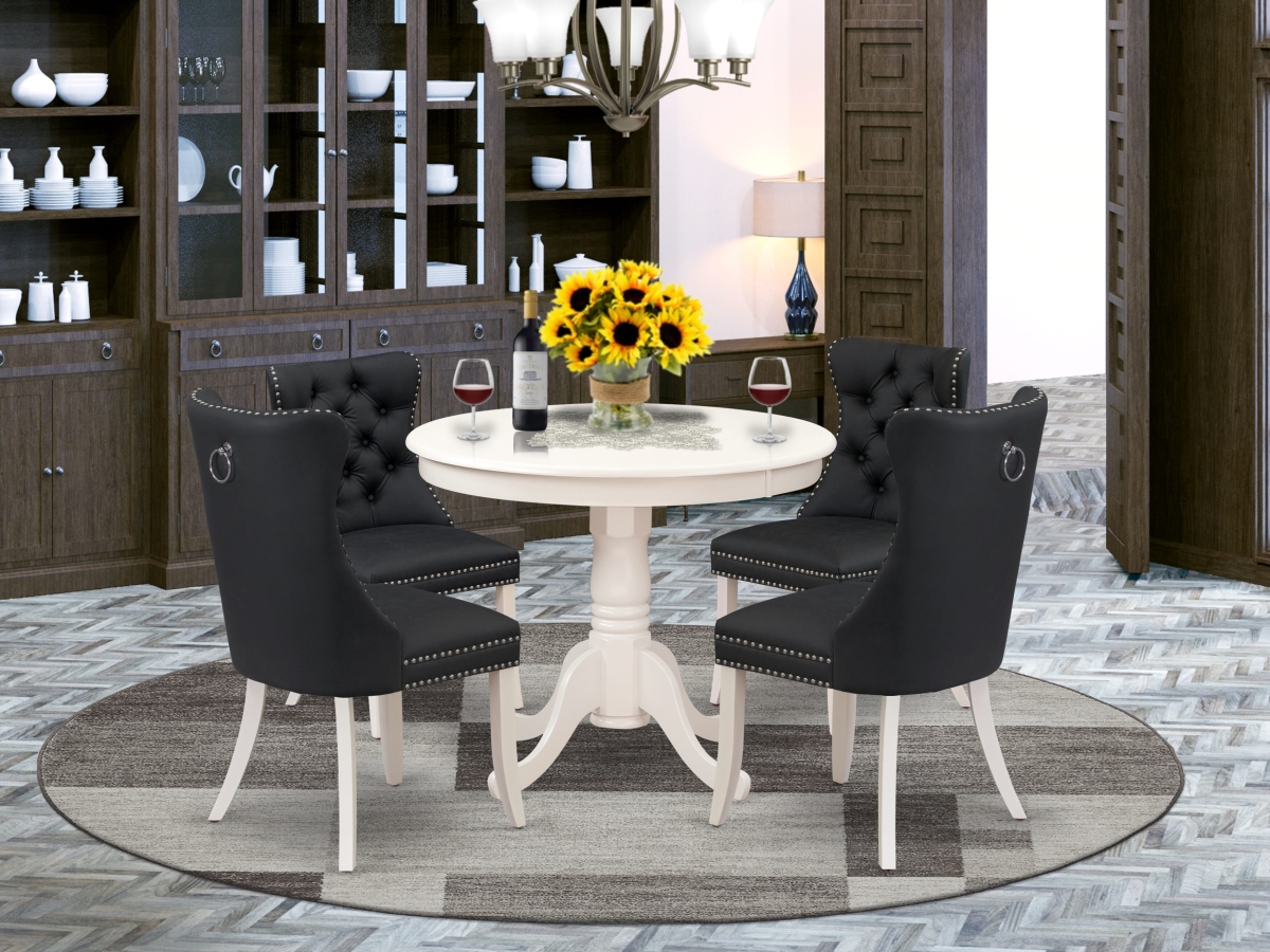 ANDA5-LWH-12 Kitchen Set Contains A Round Dining Table with Pedestal & 4 Upholstered Parson Chairs, Linen White - 5 Piece