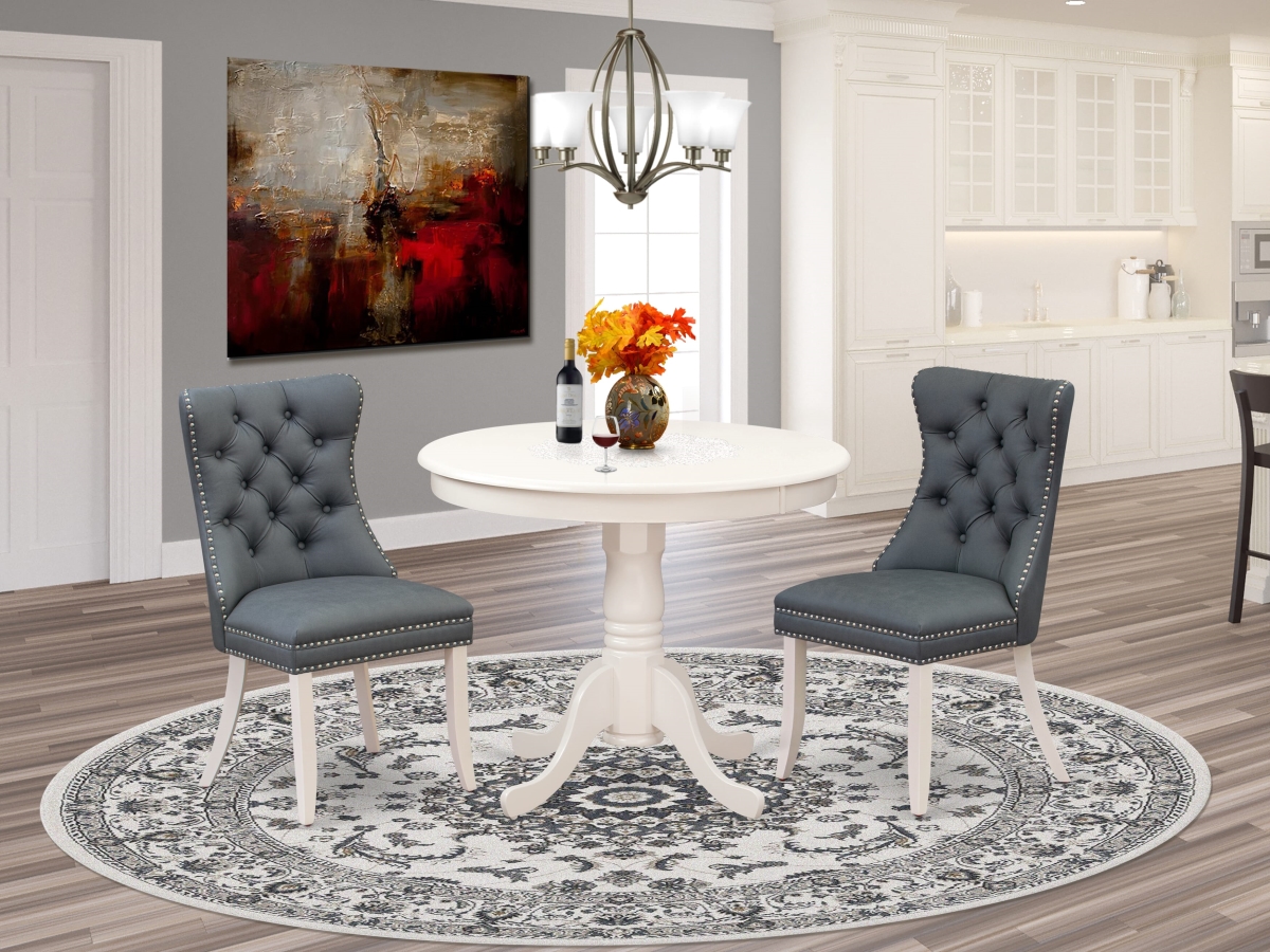 ANDA3-LWH-13 Dining Set Contains A Round Kitchen Table with Pedestal & 2 Upholstered Parson Chairs, Linen White - 3 Piece