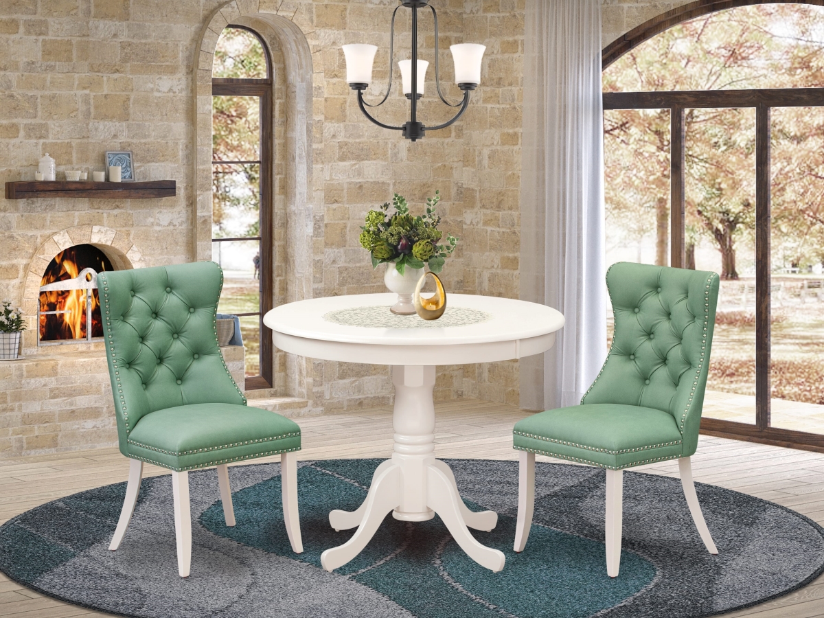 ANDA3-LWH-22 Dining Room Set, Linen White - A Round Kitchen Table with Pedestal & 2 Upholstered Chairs - 3 Piece
