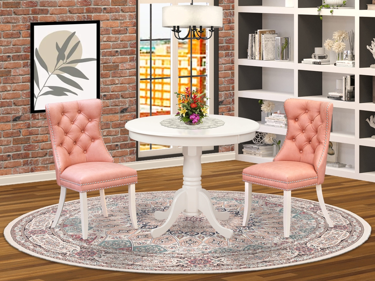 ANDA3-LWH-23 Dinette Set with A Round Kitchen Table with Pedestal & 2 Upholstered Parson Chairs, Linen White - 3 Piece