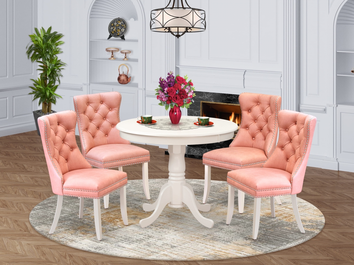 ANDA5-LWH-23 Kitchen Set, Linen White - A Round Dining Table with Pedestal & 4 Upholstered Parson Chairs - 5 Piece