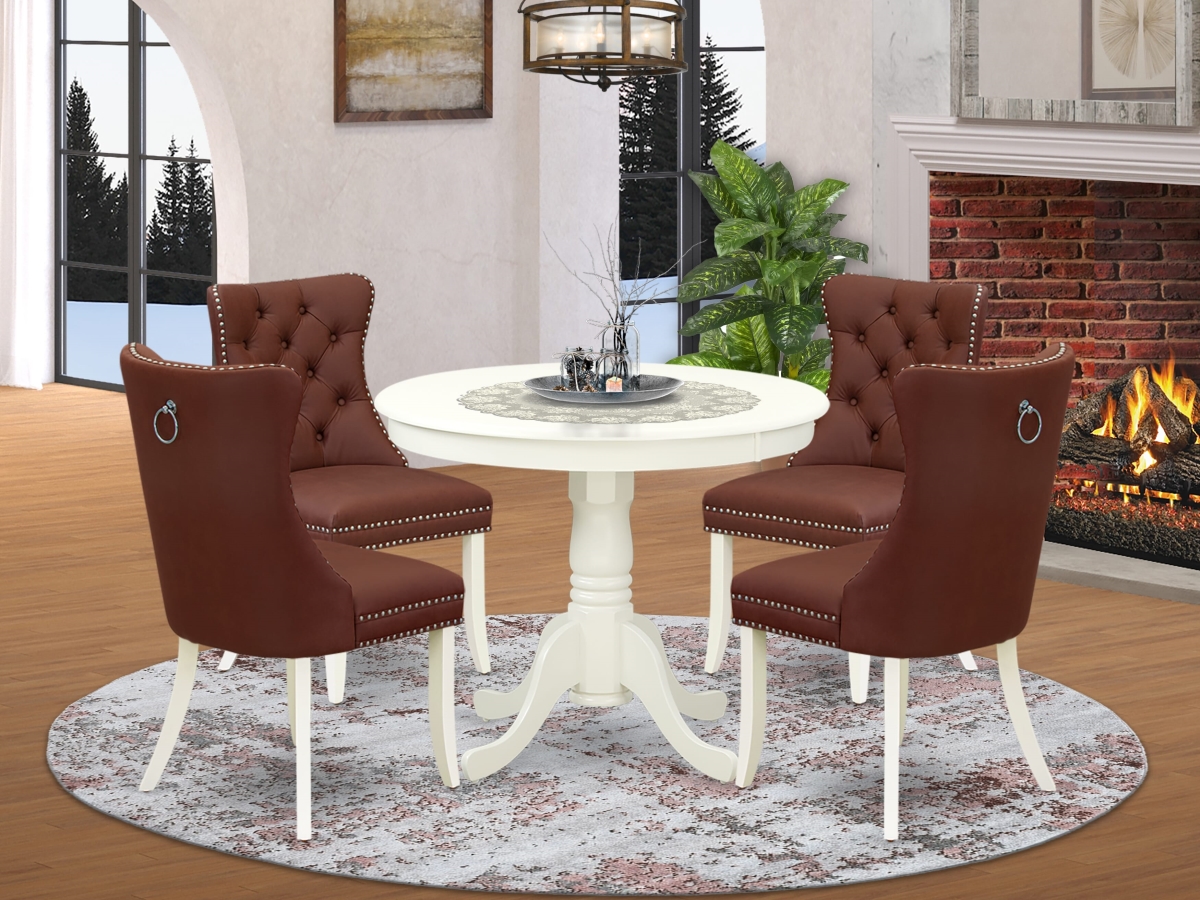 ANDA5-LWH-26 Kitchen Table Set Contains A Round Dining Table with Pedestal & 4 Upholstered Chairs, Linen White - 5 Piece