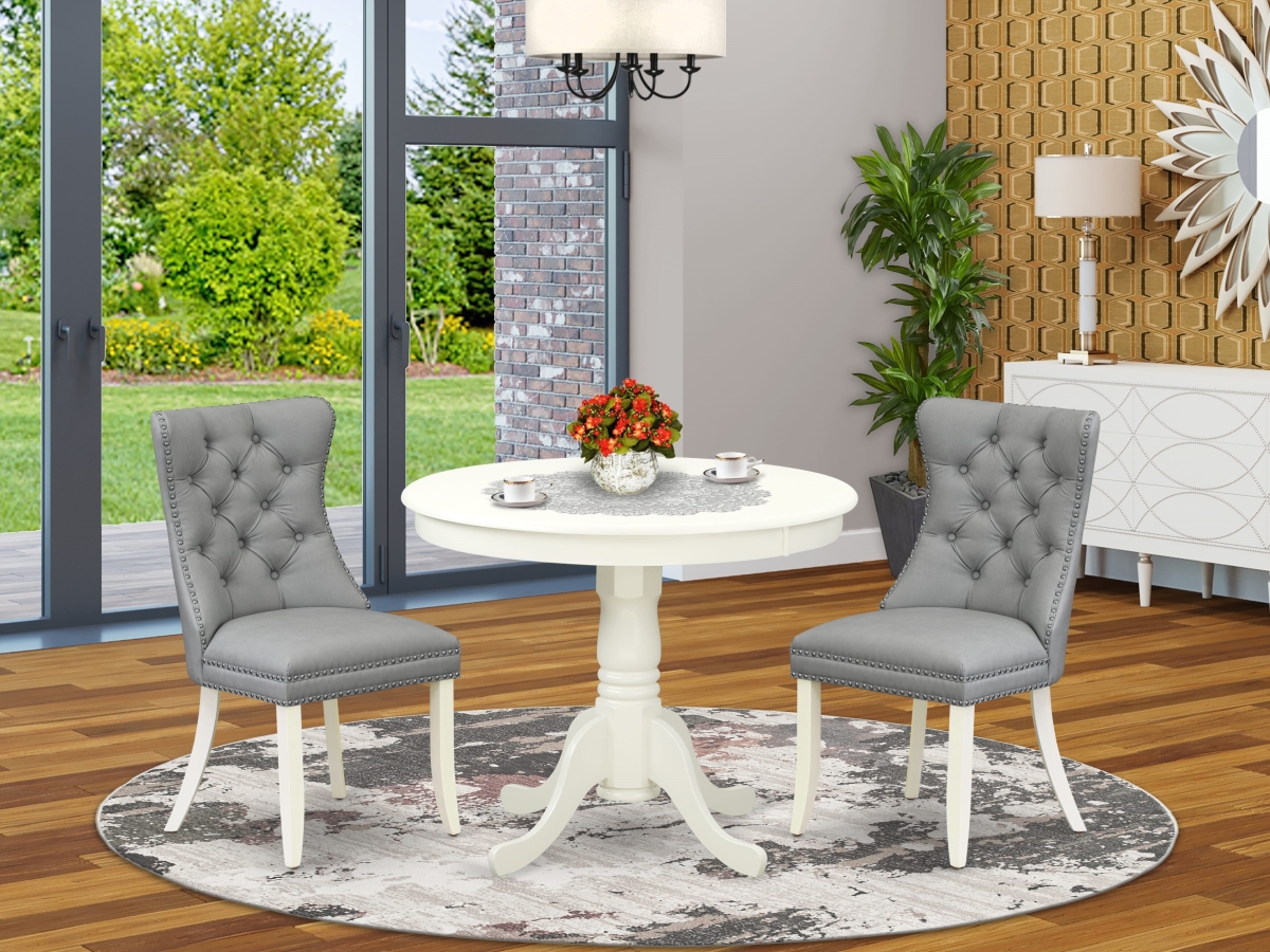 ANDA3-LWH-27 Dining Set with A Round Kitchen Table with Pedestal & 2 Upholstered Parson Chairs, Linen White - 3 Piece