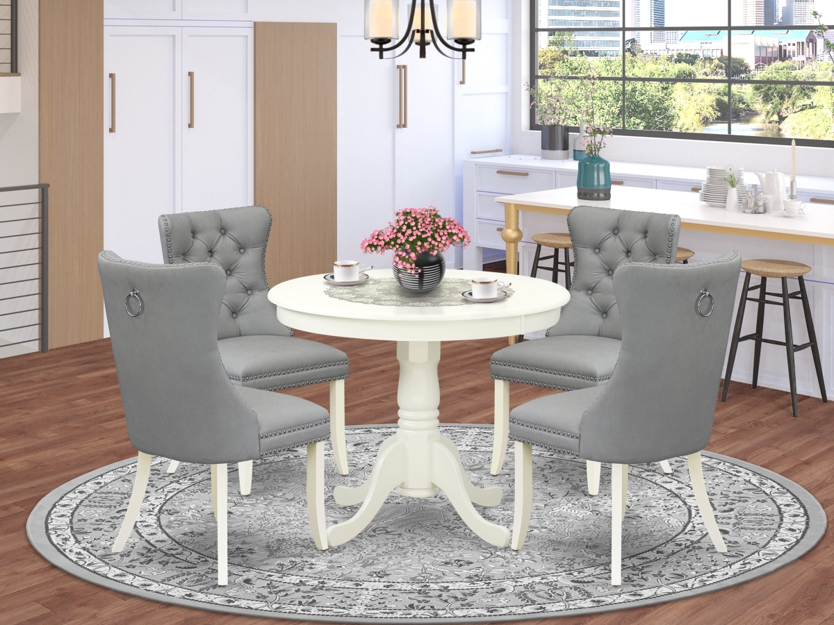 ANDA5-LWH-27 Dining Set, Linen White - A Round Kitchen Table with Pedestal & 4 Upholstered Parson Chairs - 5 Piece