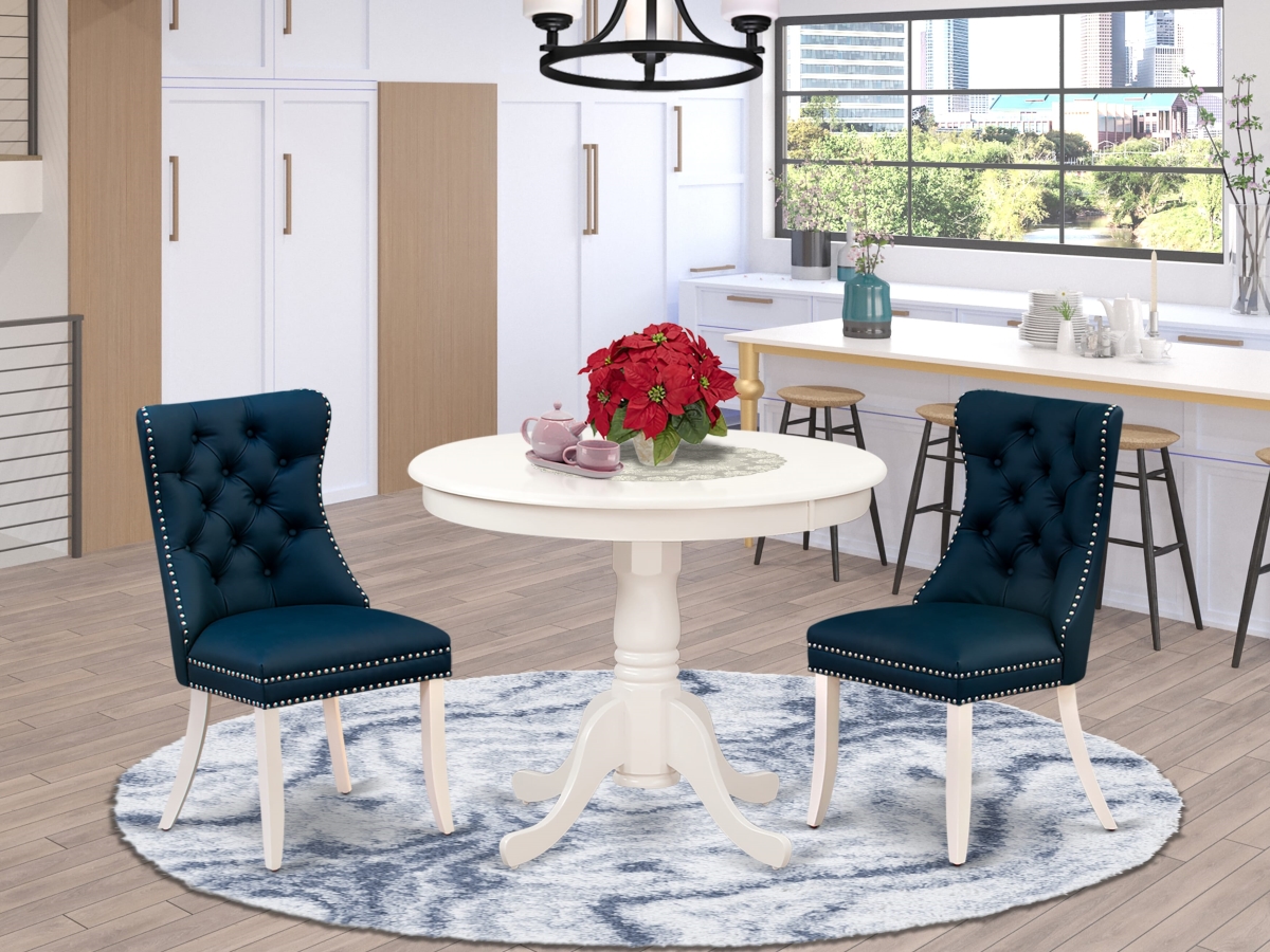 ANDA3-LWH-29 Dining Room Set with A Round Kitchen Table with Pedestal & 2 Padded Chairs, Linen White - 3 Piece