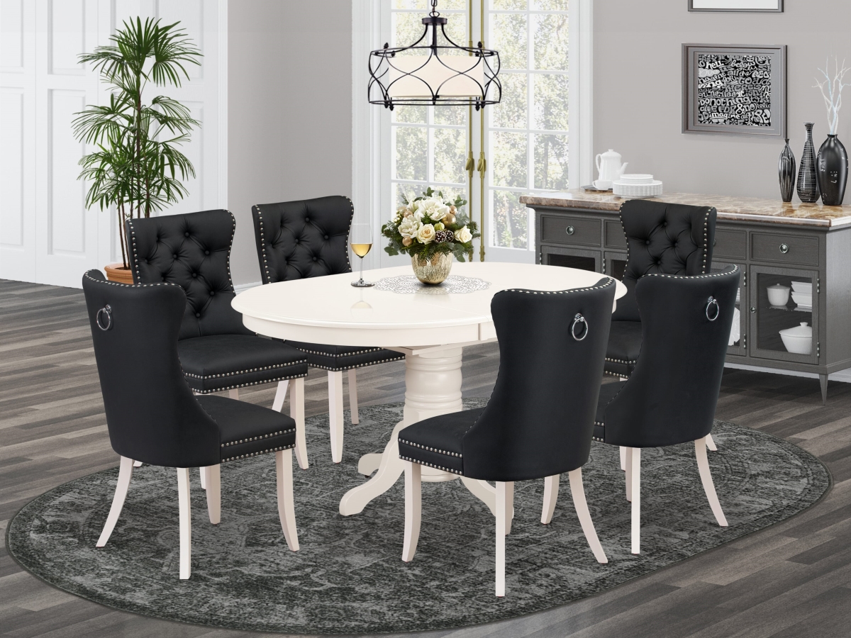 AVDA7-LWH-12 Dining Set, Linen White - An Oval Dining Table with Removable Leaf & 6 Upholstered Chairs - 7 Piece