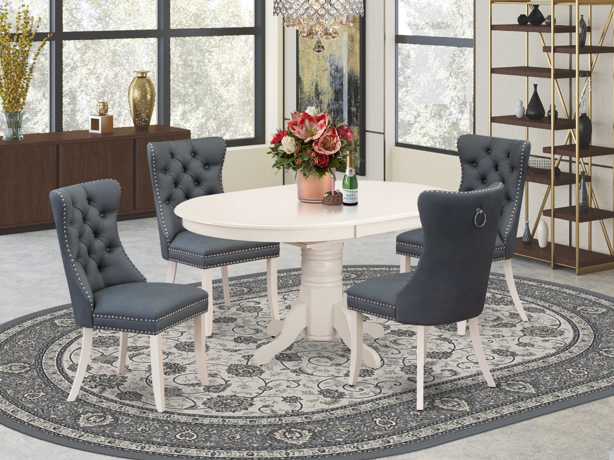 AVDA5-LWH-13 Dinette Set, Linen White - An Oval Dining Table with Removable Leaf & 4 Upholstered Chairs - 5 Piece