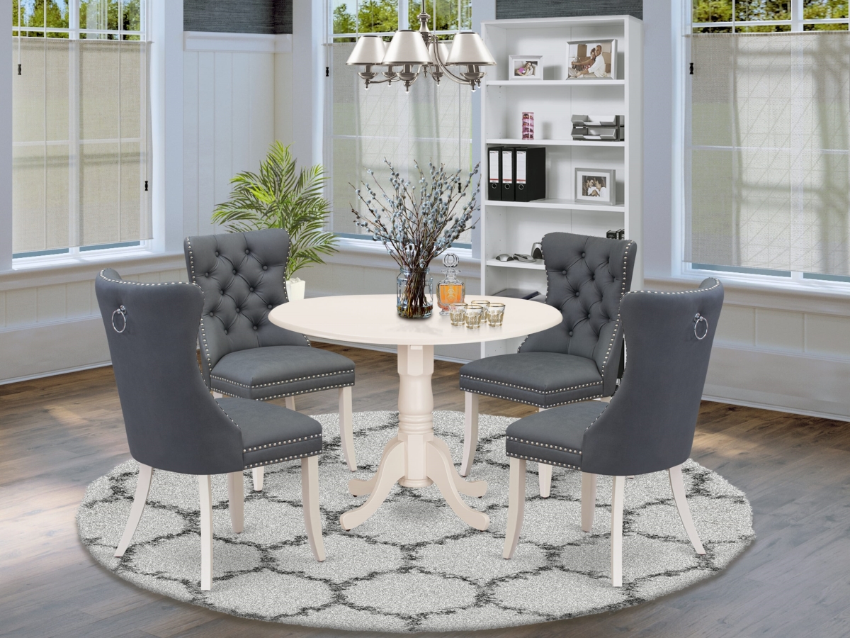 DLDA5-WHI-13 Kitchen Table Set, Linen White - A Round Dining Table with Dropleaf & 4 Upholstered Chairs - 5 Piece