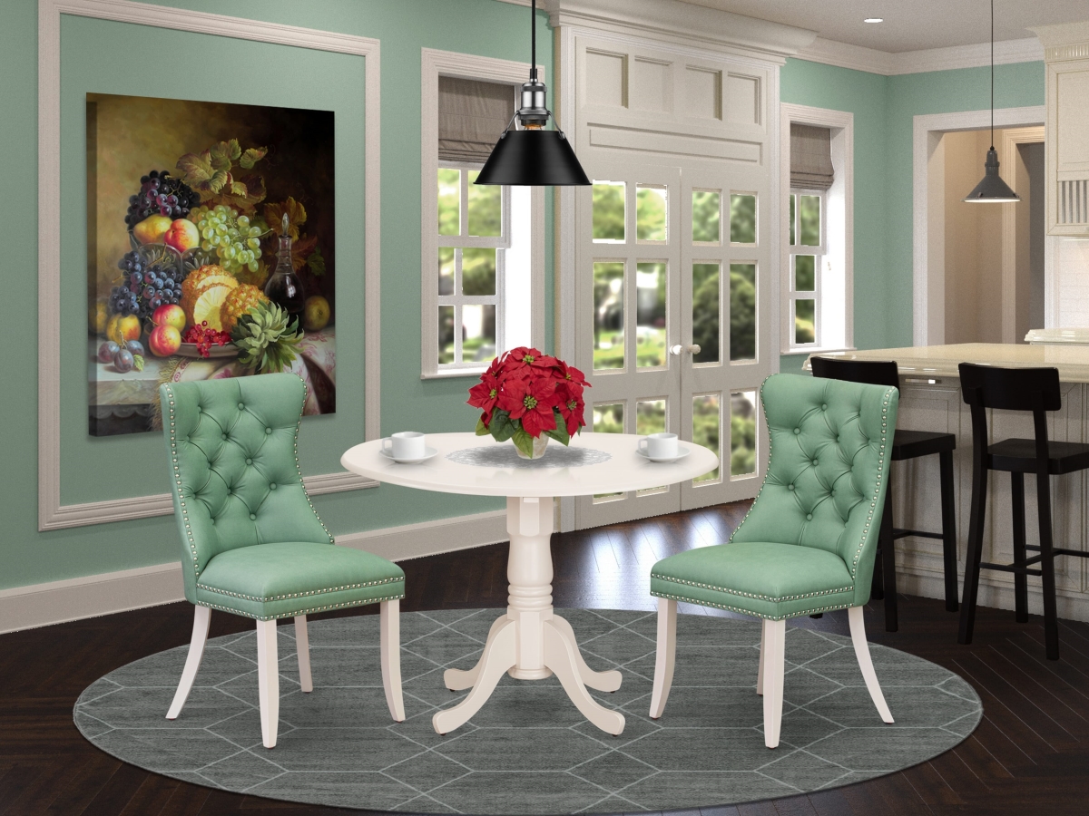 DLDA3-WHI-22 Kitchen Table Set Contains A Round Dining Table with Dropleaf & 2 Upholstered Chairs, Linen White - 3 Piece