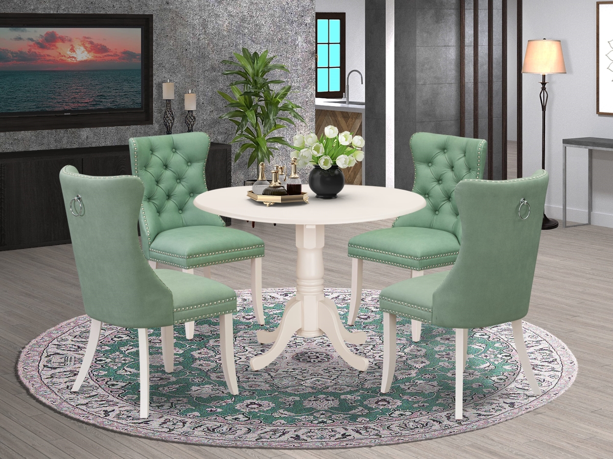 DLDA5-WHI-22 Kitchen Table Set with A Round Dining Table with Dropleaf & 4 Upholstered Chairs, Linen White - 5 Piece