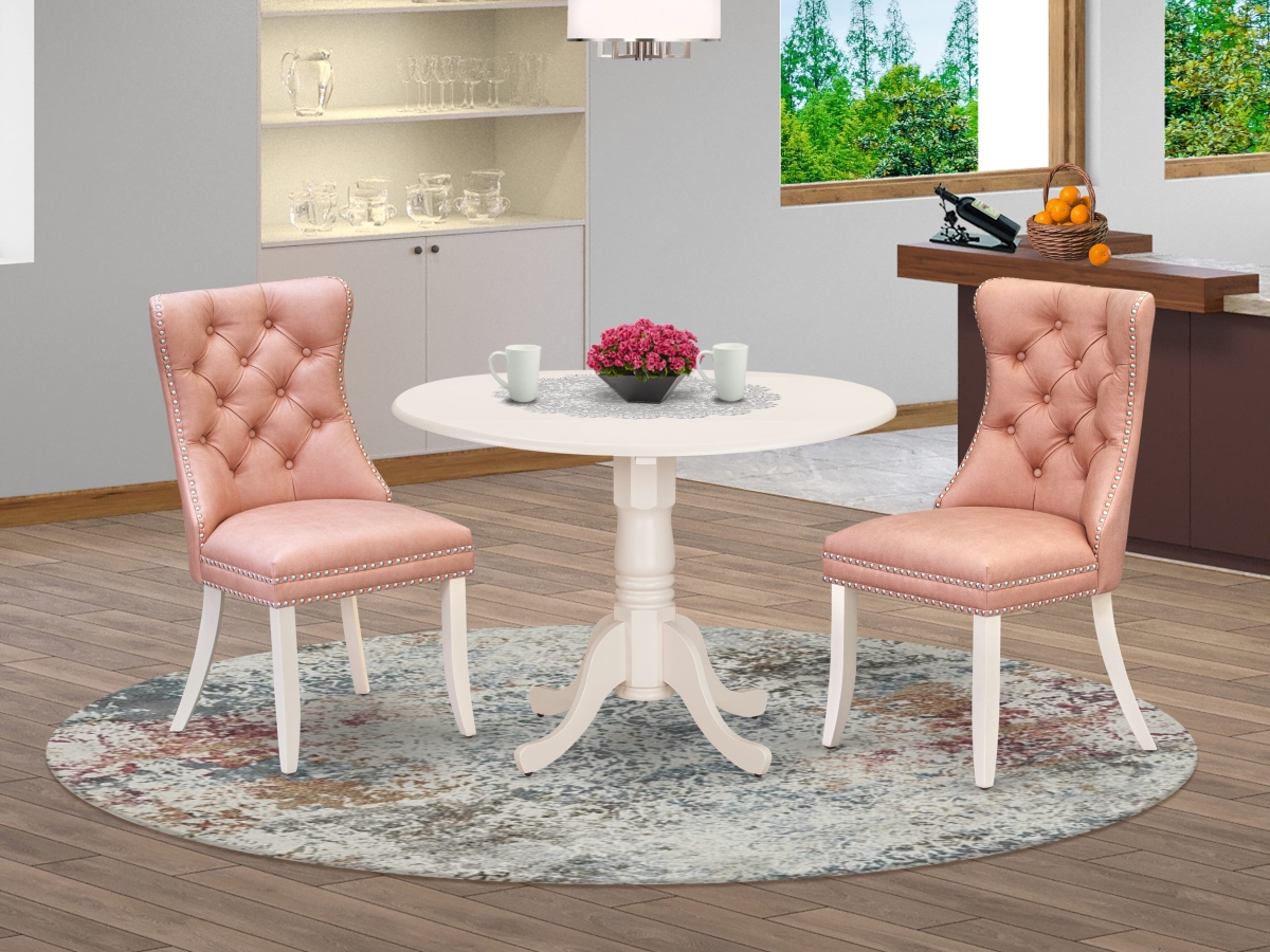 DLDA3-WHI-23 Dining Set with A Round Kitchen Table with Dropleaf & 2 Upholstered Parson Chairs, Linen White - 3 Piece
