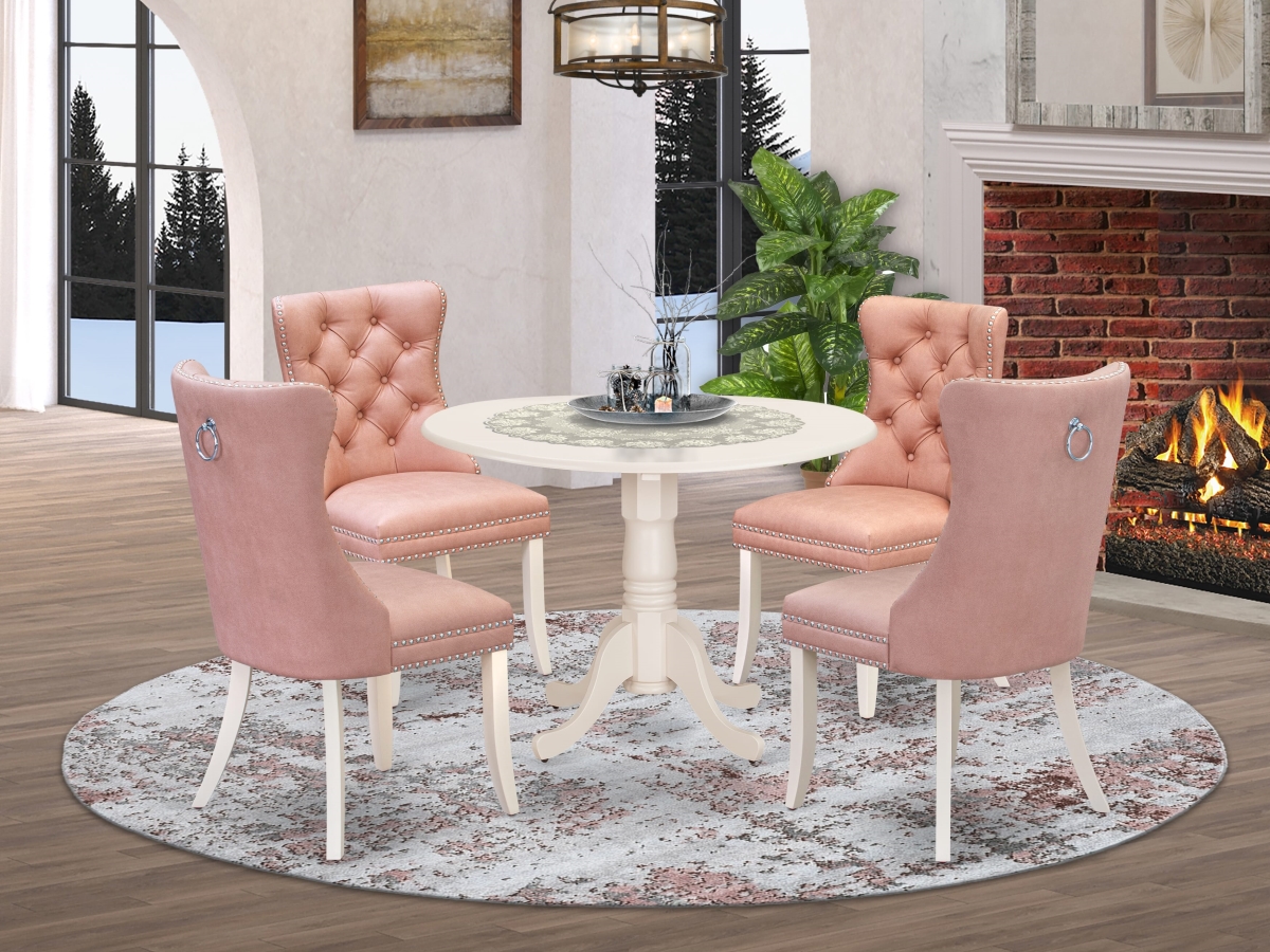 DLDA5-WHI-23 Dining Set, Linen White - A Round Kitchen Table with Dropleaf & 4 Upholstered Parson Chairs - 5 Piece