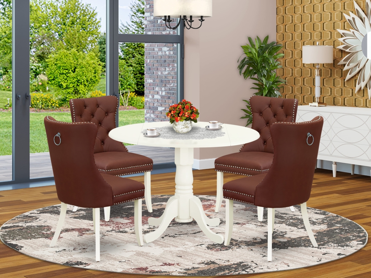 DLDA5-WHI-26 Dinette Set Contains A Round Dining Table with Dropleaf & 4 Upholstered Parson Chairs, Linen White - 5 Piece