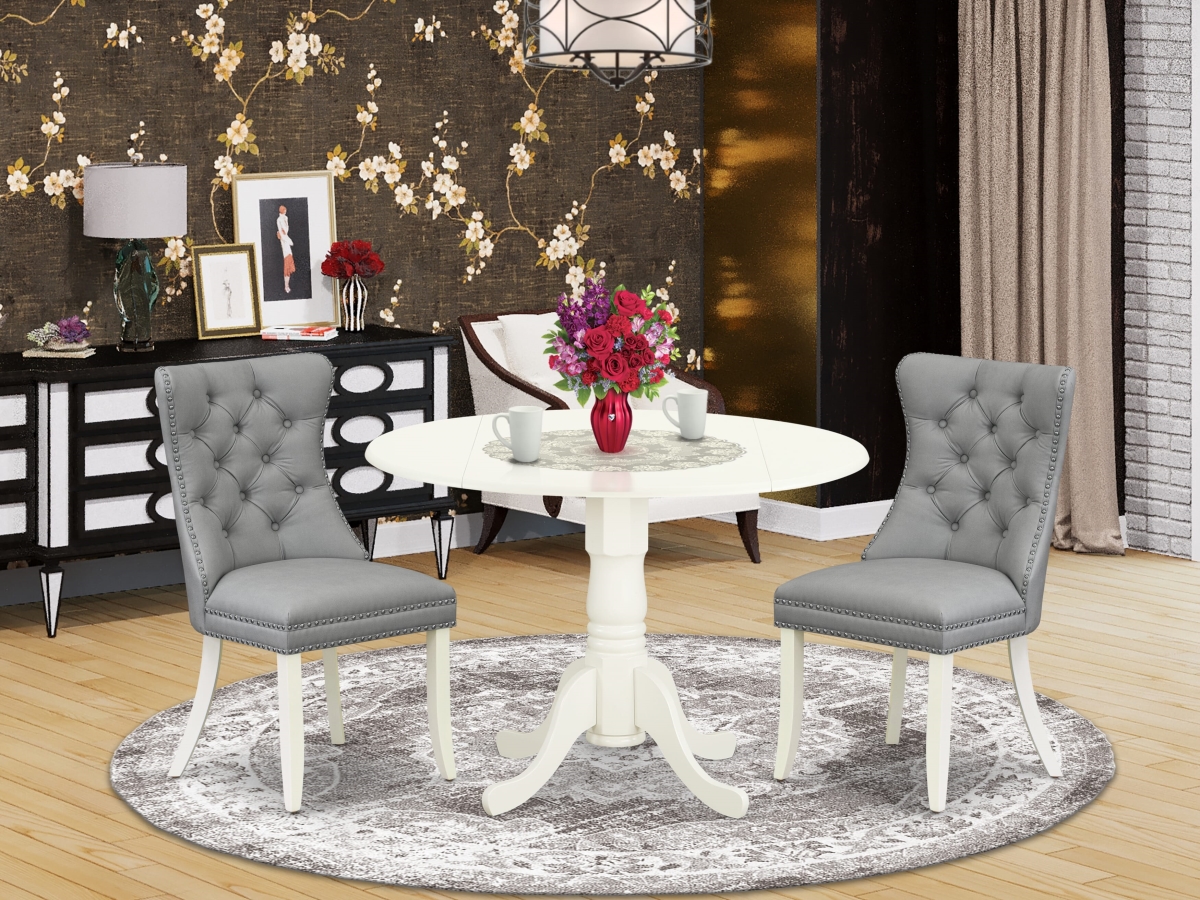 DLDA3-WHI-27 Dinette Set with A Round Dining Table with Dropleaf & 2 Upholstered Parson Chairs, Linen White - 3 Piece