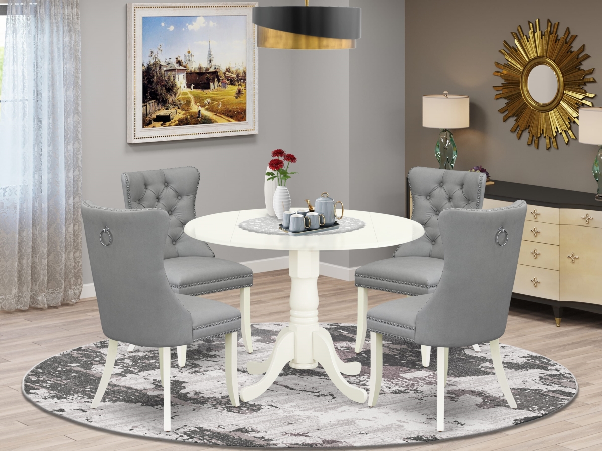 DLDA5-WHI-27 Dining Set, Linen White - A Round Kitchen Table with Dropleaf & 4 Upholstered Parson Chairs - 5 Piece