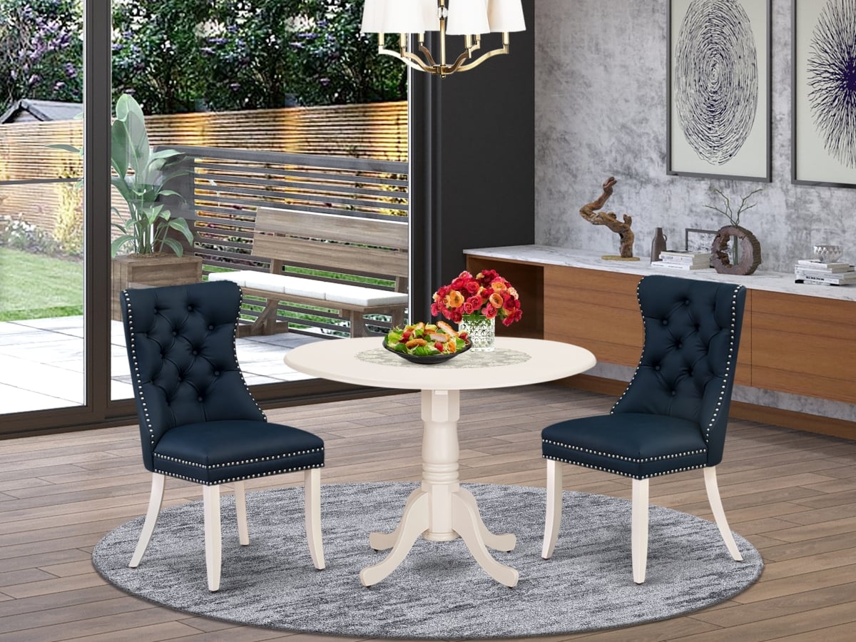 DLDA3-WHI-29 A Round Dining Table with Dropleaf & 2 Upholstered Chairs Kitchen Table Set, Linen White - 3 Piece