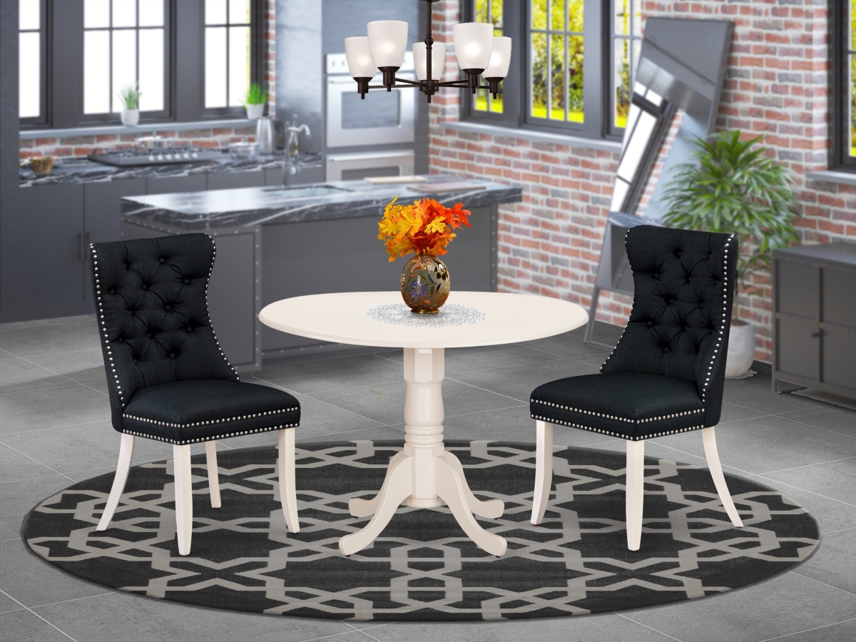 DLDA3-WHI-24 A Round Dining Table with Dropleaf & 2 Upholstered Chairs Kitchen Table Set, Linen White - 3 Piece