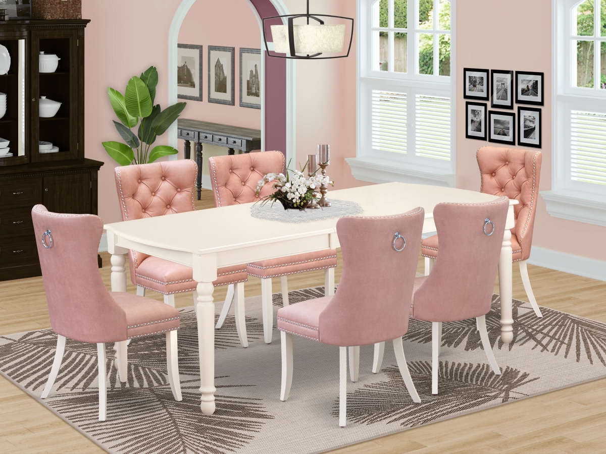 DODA7-LWH-23 Dining Set, Linen White - A Rectangle Dining Table with Removable Leaf & 6 Upholstered Chairs - 7 Piece