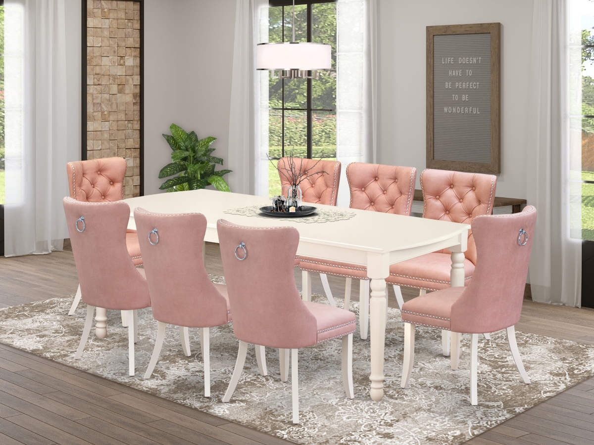 DODA9-LWH-23 Kitchen Set Contains A Rectangle Dining Table with Removable Leaf & 8 Upholstered Chairs, Linen White - 9 Piece