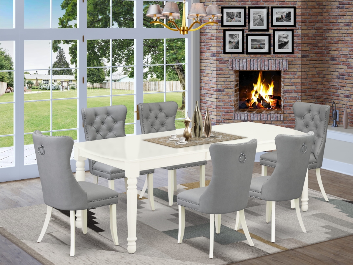 DODA7-LWH-27 Dining Set with A Rectangle Kitchen Table with Removable Leaf & 6 Chairs, Linen White - 7 Piece