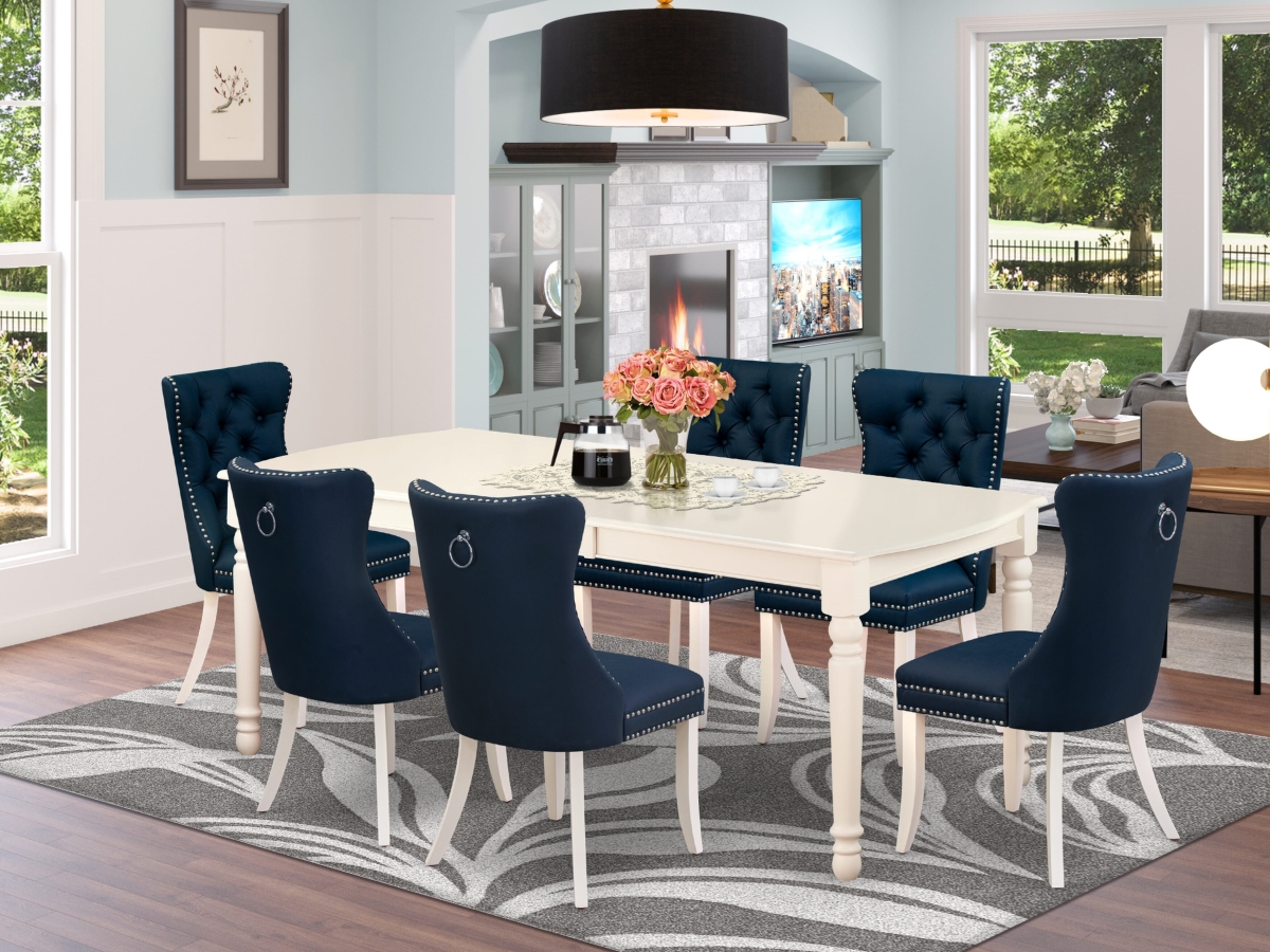 DODA7-LWH-29 Dinette Set, Linen White - A Rectangle Dining Table with Removable Leaf & 6 Upholstered Chairs - 7 Piece