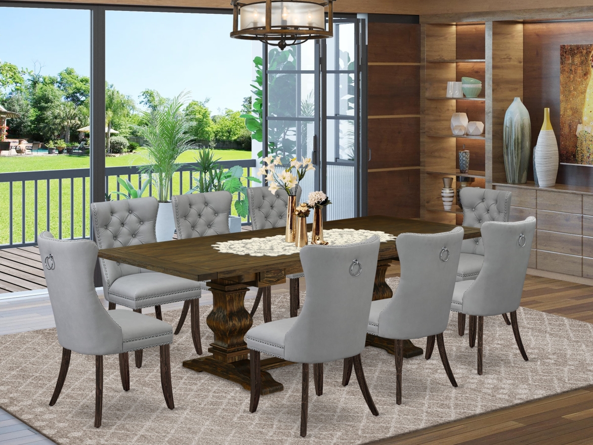LADA9-07-T27 Dinette Set Contains A Rectangle Dining Table with Removable Leaf & 8 Upholstered Chairs, Jacobean - 9 Piece