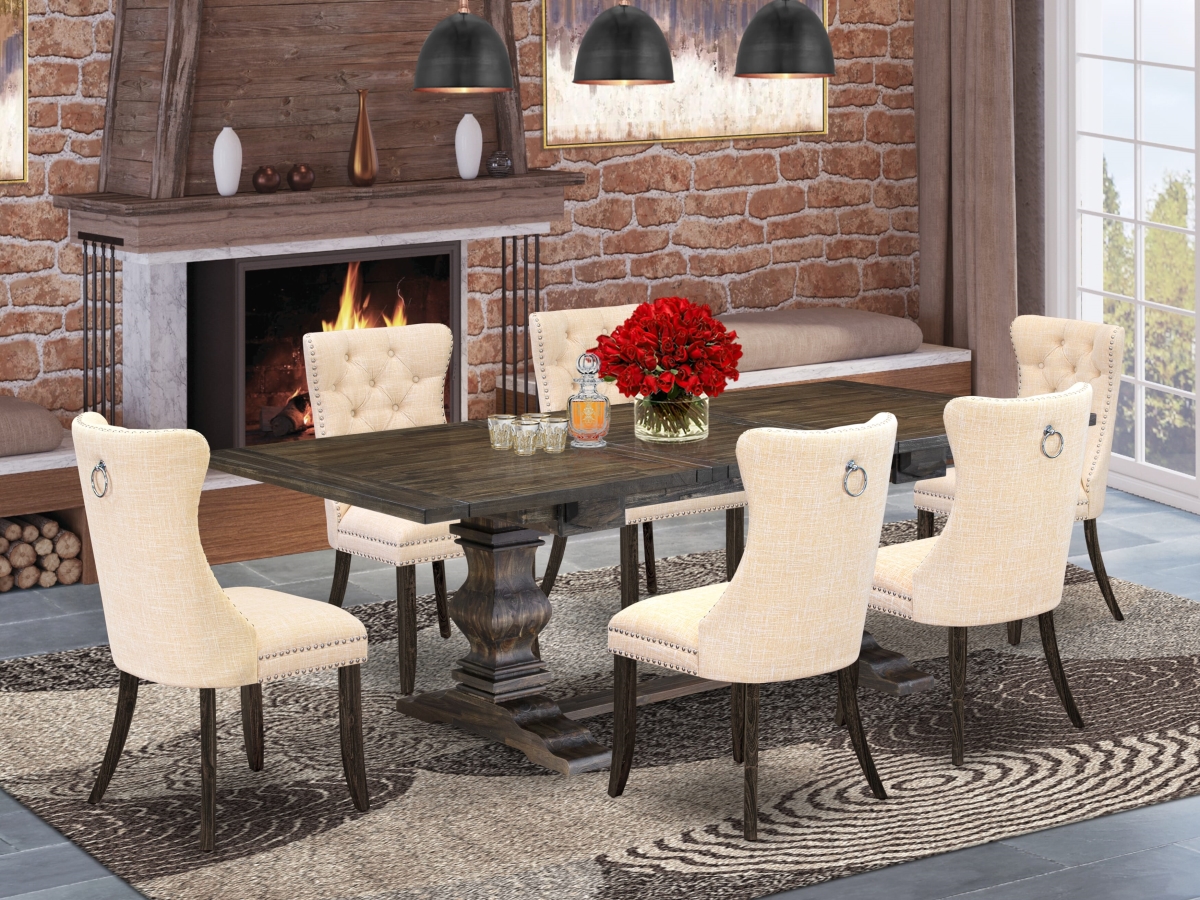 LADA7-07-T32 Kitchen Set with A Rectangle Dining Table with Removable Leaf & 6 Upholstered Chairs, Jacobean - 7 Piece