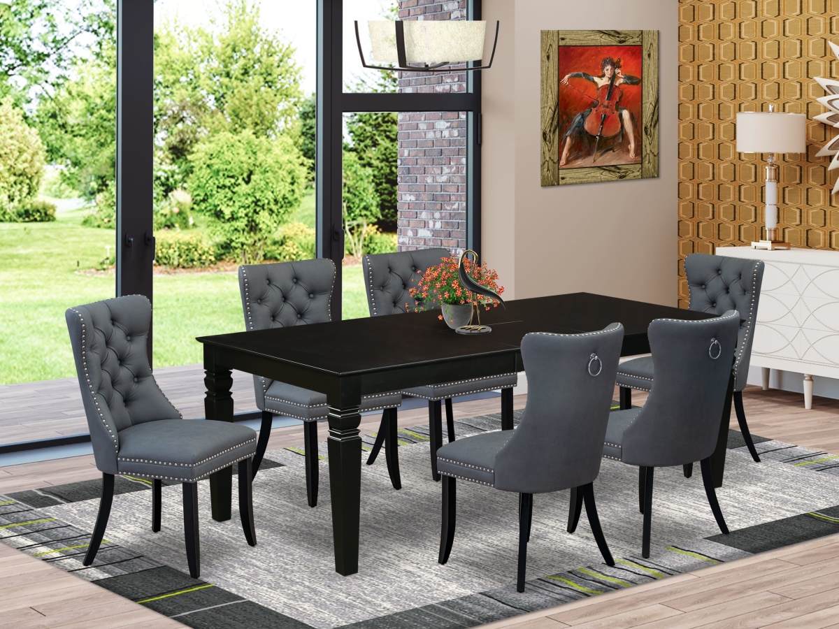 LGDA7-BLK-13 Dining Set, Black - A Rectangle Kitchen Table with Removable Leaf & 6 Upholstered Chairs - 7 Piece