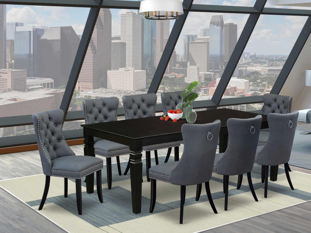 LGDA9-BLK-13 Dining Set, Black - A Rectangle Kitchen Table with Removable Leaf & 8 Upholstered Chairs - 9 Piece