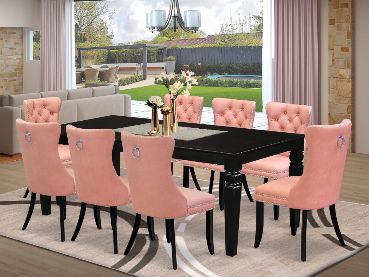 LGDA9-BLK-23 A Rectangle Dining Table with Removable Leaf & 8 Upholstered Chairs Kitchen Set, Black - 9 Piece