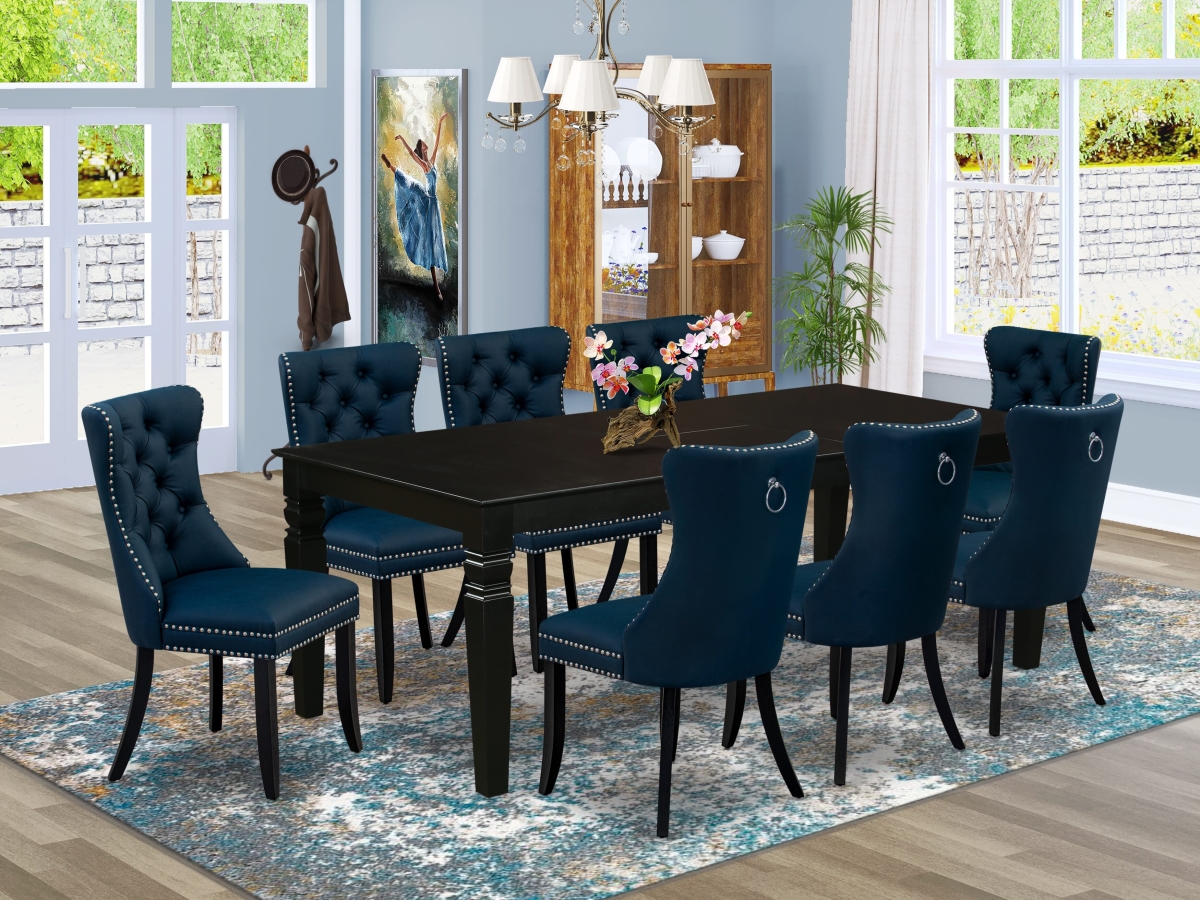 LGDA9-BLK-29 Dinette Set, Black - A Rectangle Dining Table with Removable Leaf & 8 Upholstered Chairs - 9 Piece