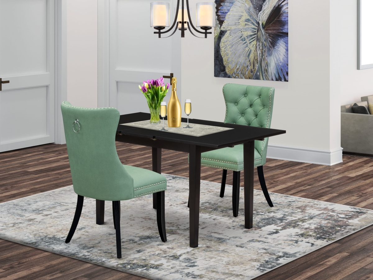 NFDA3-BLK-22 Kitchen Table Set Contains A Rectangle Dining Table with Removable Leaf & 2 Upholstered Chairs, Black - 3 Piece