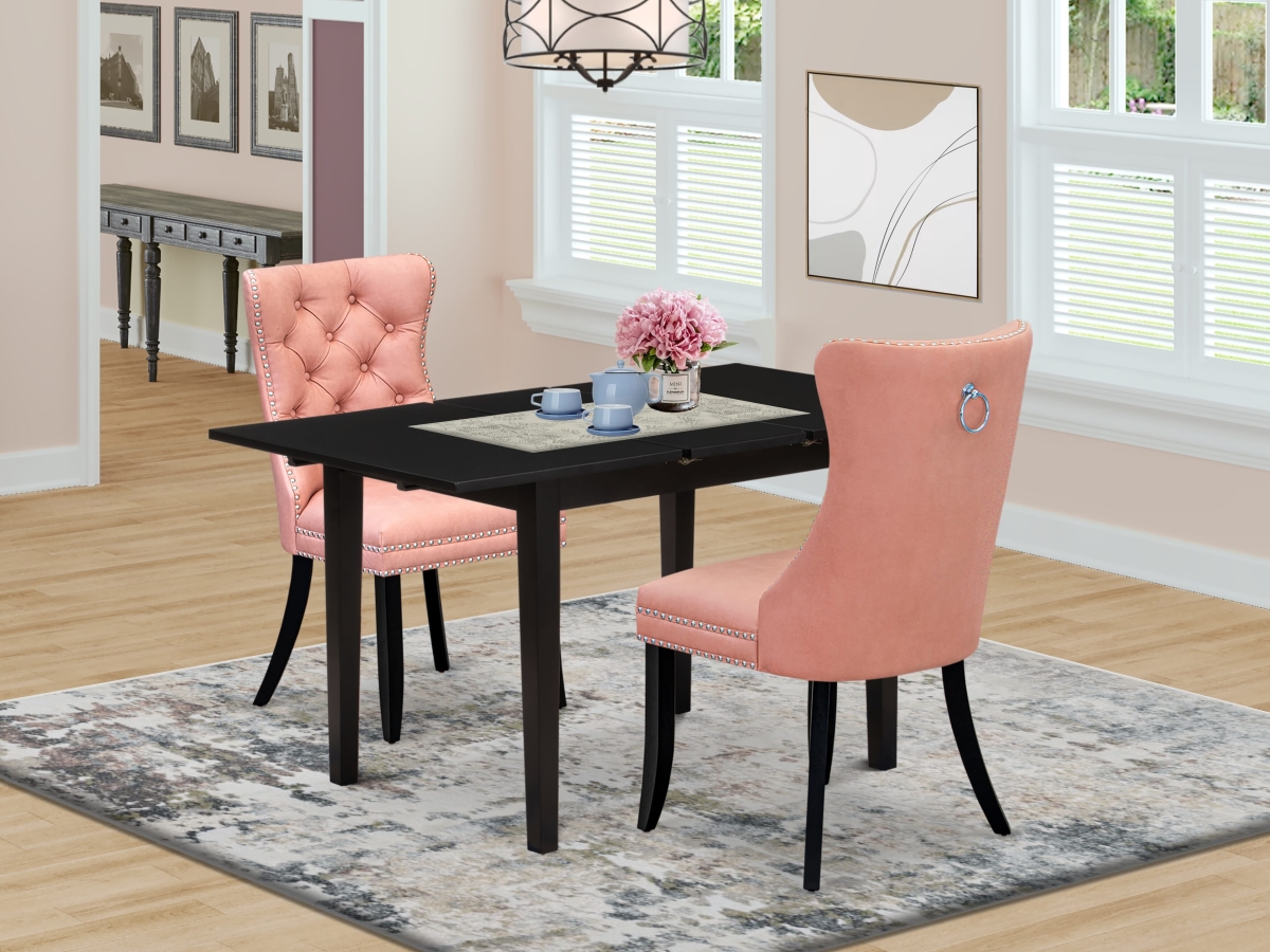 NFDA3-BLK-23 A Rectangle Dining Table with Removable Leaf & 2 Upholstered Chairs Kitchen Table Set, Black - 3 Piece