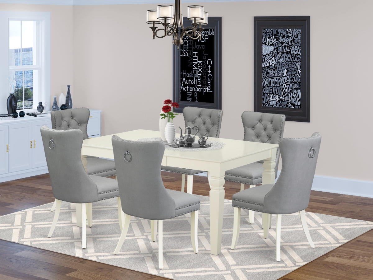 WEDA7-WHI-27 Kitchen Set, Linen White - A Rectangle Dining Table with Removable Leaf & 6 Upholstered Chairs - 7 Piece