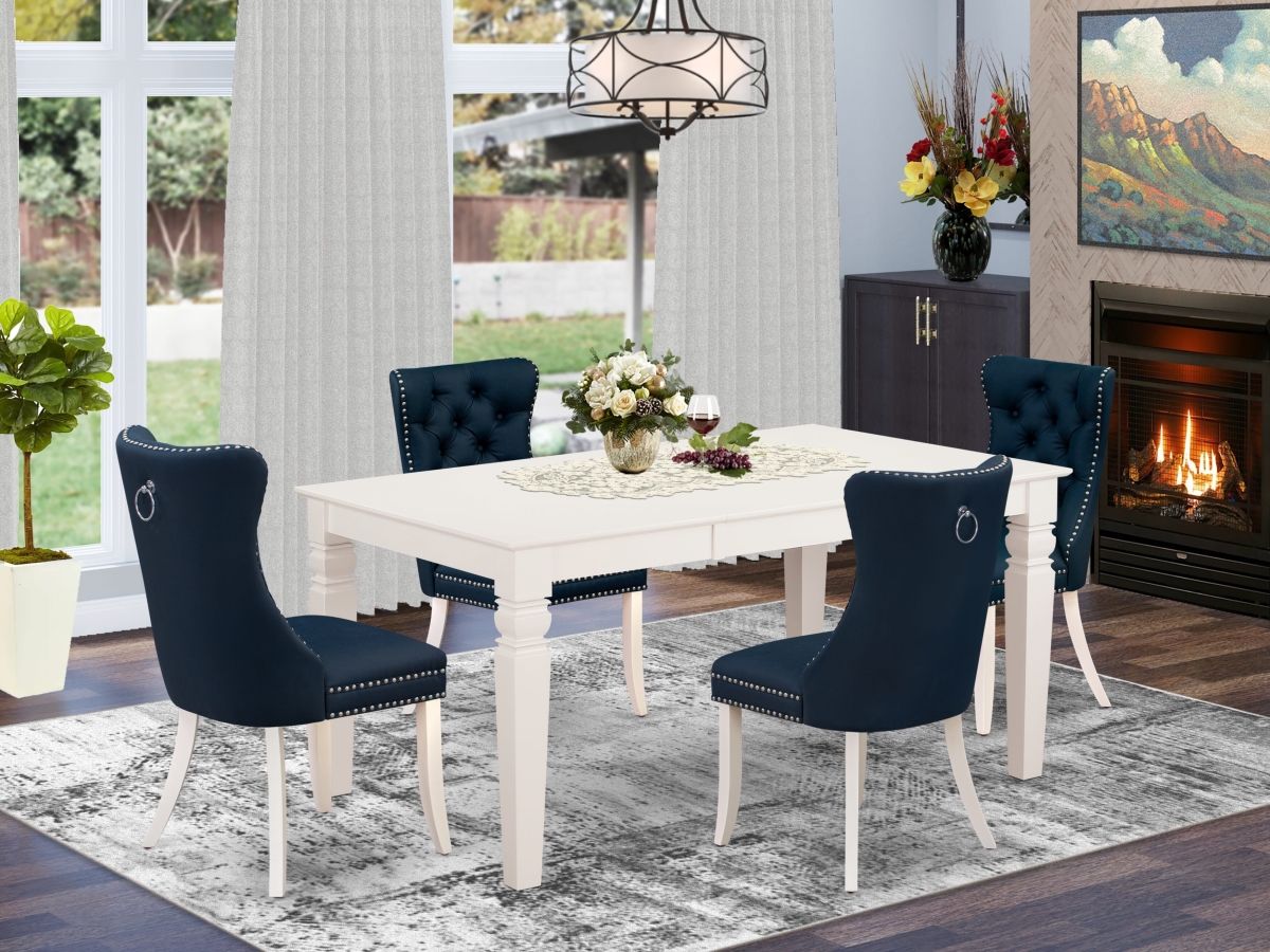 WEDA5-WHI-29 A Rectangle Wooden Table with Removable Leaf & 4 Upholstered Chairs Dining Set, Linen White - 5 Piece
