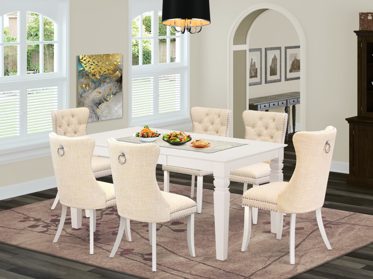 WEDA7-WHI-32 Kitchen Set with A Rectangle Dining Table with Removable Leaf & 6 Parson Chairs, Linen White - 7 Piece