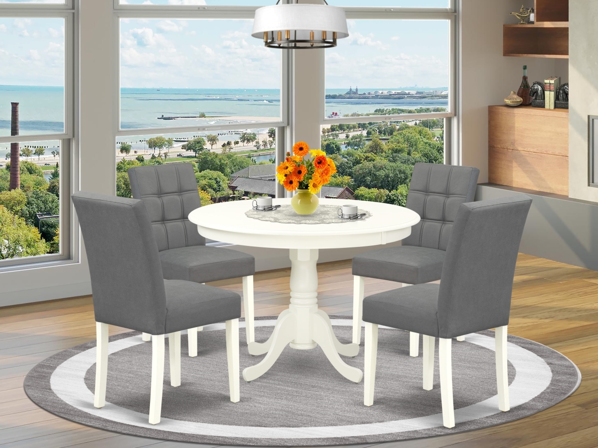 HLAS5-LWH-41 Kitchen Table Set, Linen White - A Wooden Table & 4 Platinum Gray Leather Dining Chairs with Stylish Back - 5 Piece