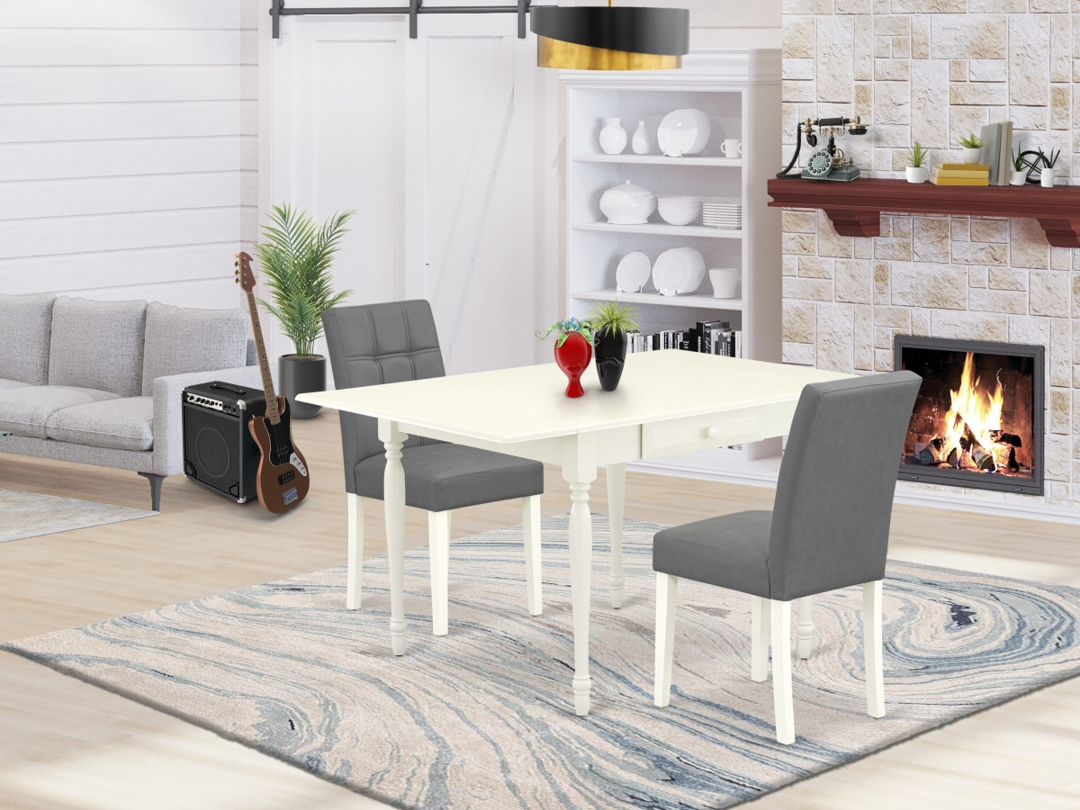 MZAS3-LWH-41 Kitchen Table Set, Linen White - A Dining Table & 2 Platinum Gray Leather Modern Chairs with Stylish Back - 3 Piece