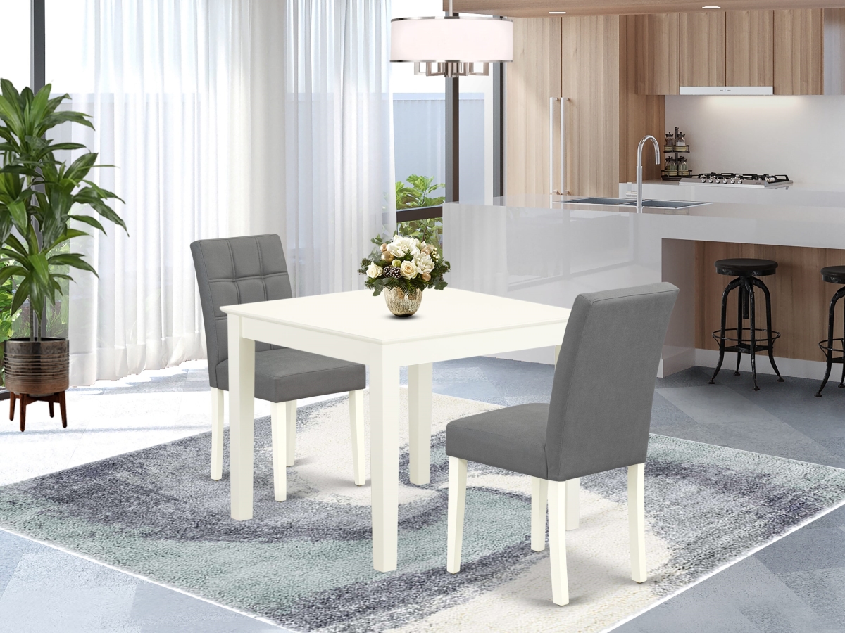 OXAS3-LWH-41 Dinner Table Set, Linen White - A Dining Kitchen Table & 2 Platinum Gray Leather Wood Chairs with Stylish Back - 3 Piece